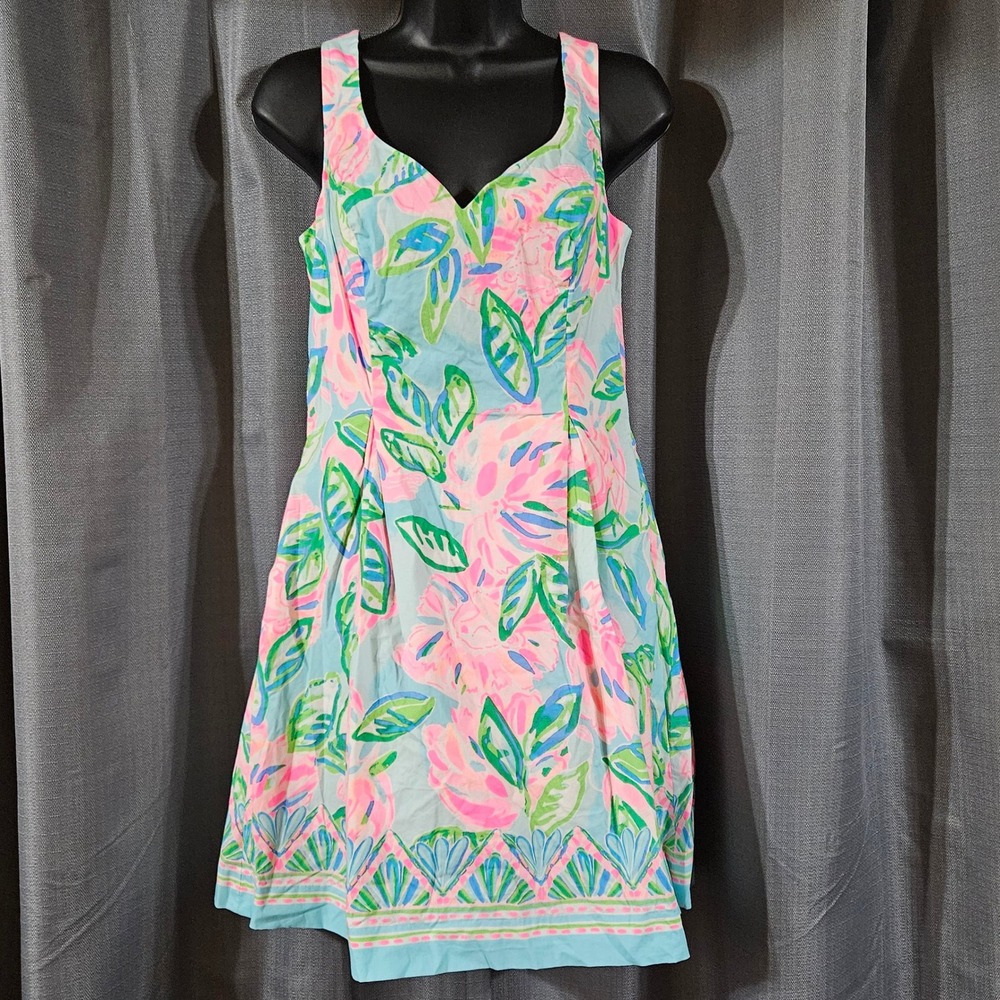 Lilly Pulitzer Linnet Watercolor Fit & Flare Dress Pink Blue Green Floral Size 2